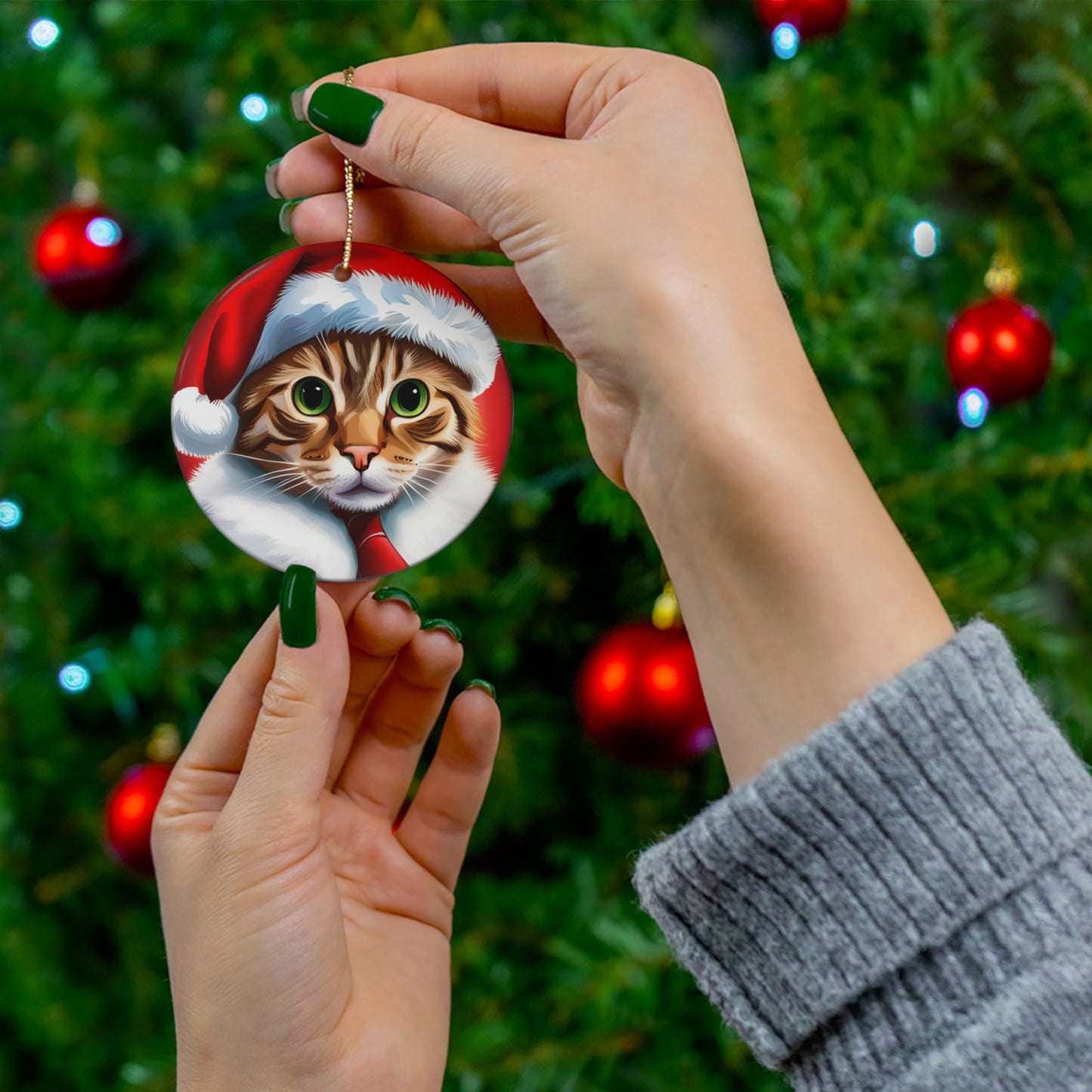 Christmas Cat Ceramic Ornament, 4 Shapes