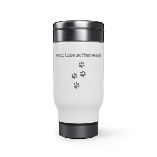 Love at First Woof Stainless Steel Travel Mug with Handle, 14oz